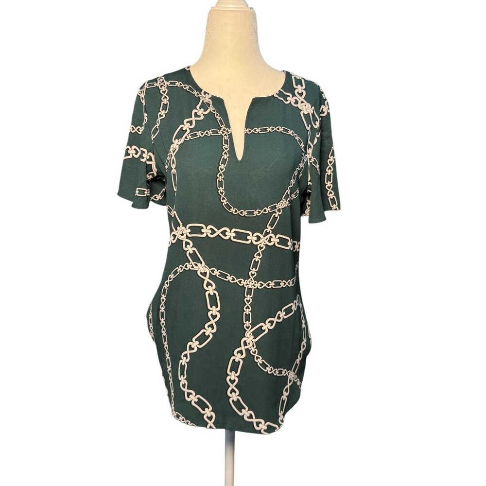 Ann Taylor Elegant Top XS Green White Chain Luxury Print Blouse Short Sleeve - Picture 2 of 11